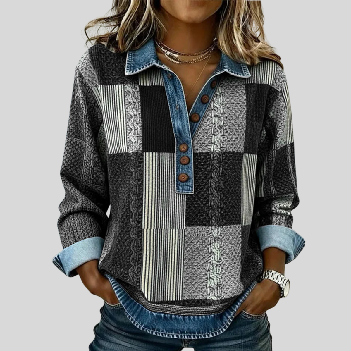 Martina | Felpa Patchwork Denim con Colletto