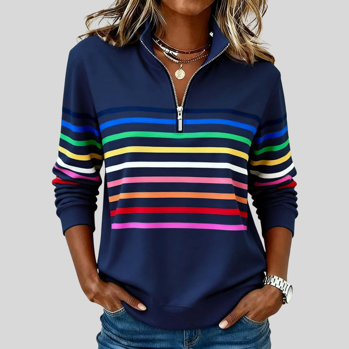Daniela | Felpa Quarter-Zip Grigia a Righe Arcobaleno