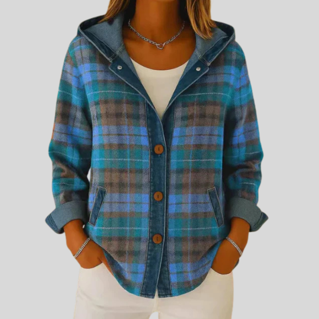 Alessandra | Giacca a Quadri Rossi e Blu con Cappuccio