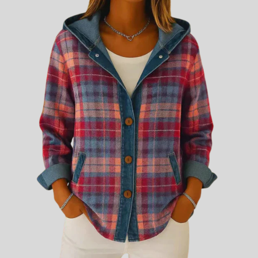 Alessandra | Giacca a Quadri Rossi e Blu con Cappuccio