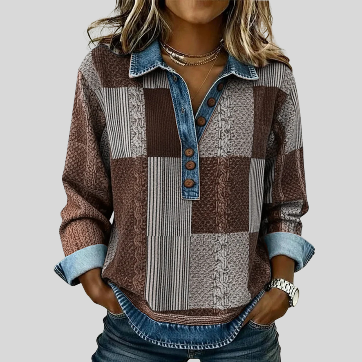 Martina | Felpa Patchwork Denim con Colletto