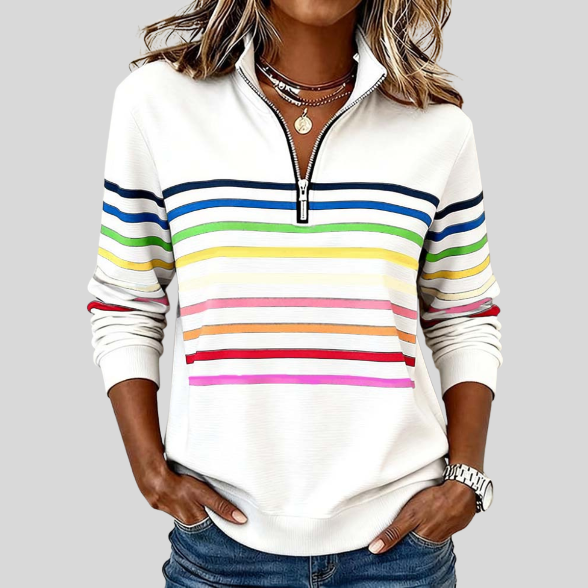 Daniela | Felpa Quarter-Zip Grigia a Righe Arcobaleno