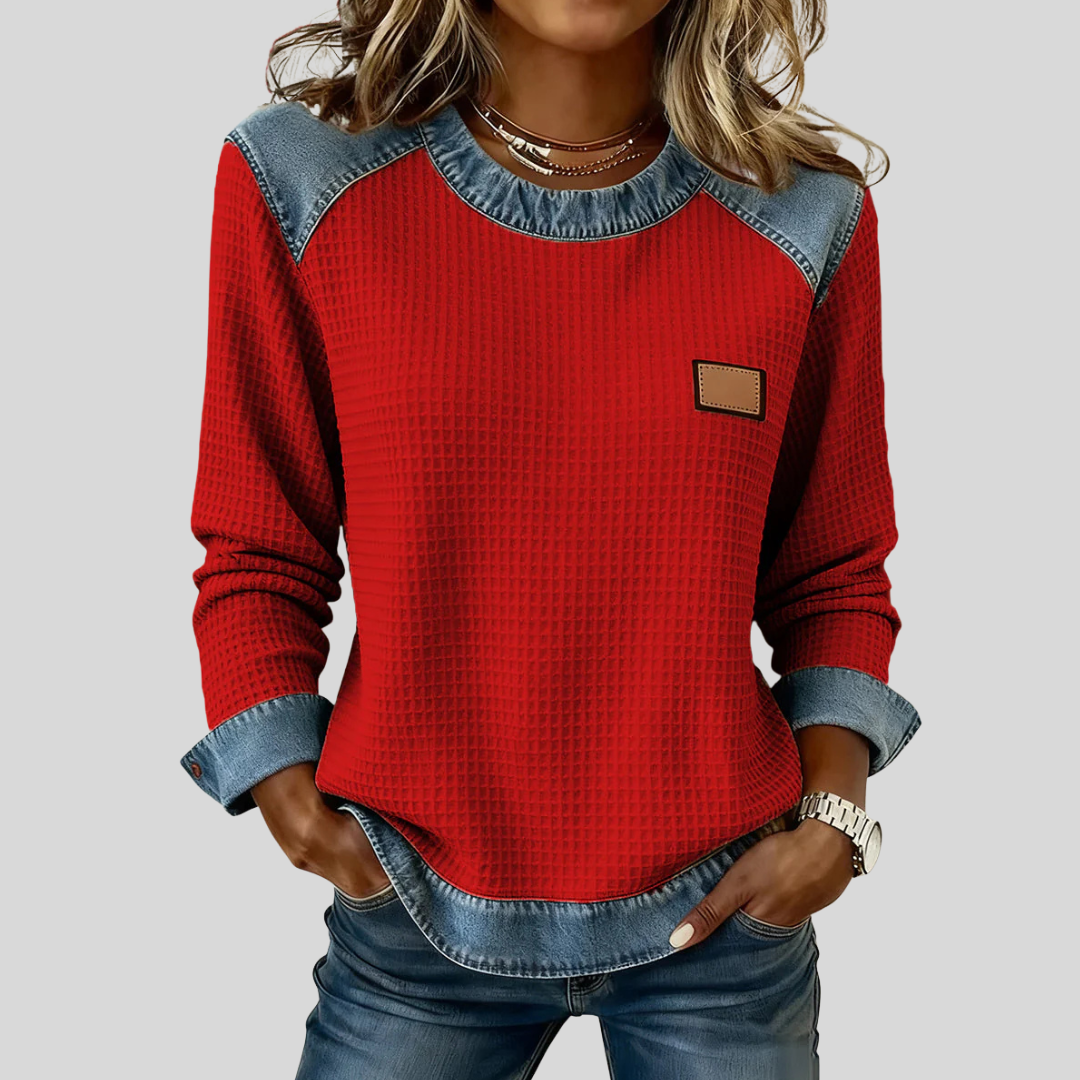 Federica | Felpa Waffle Sabbia con Inserti in Denim