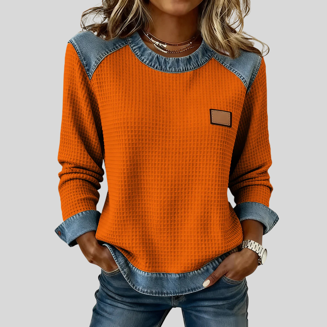 Federica | Felpa Waffle Sabbia con Inserti in Denim
