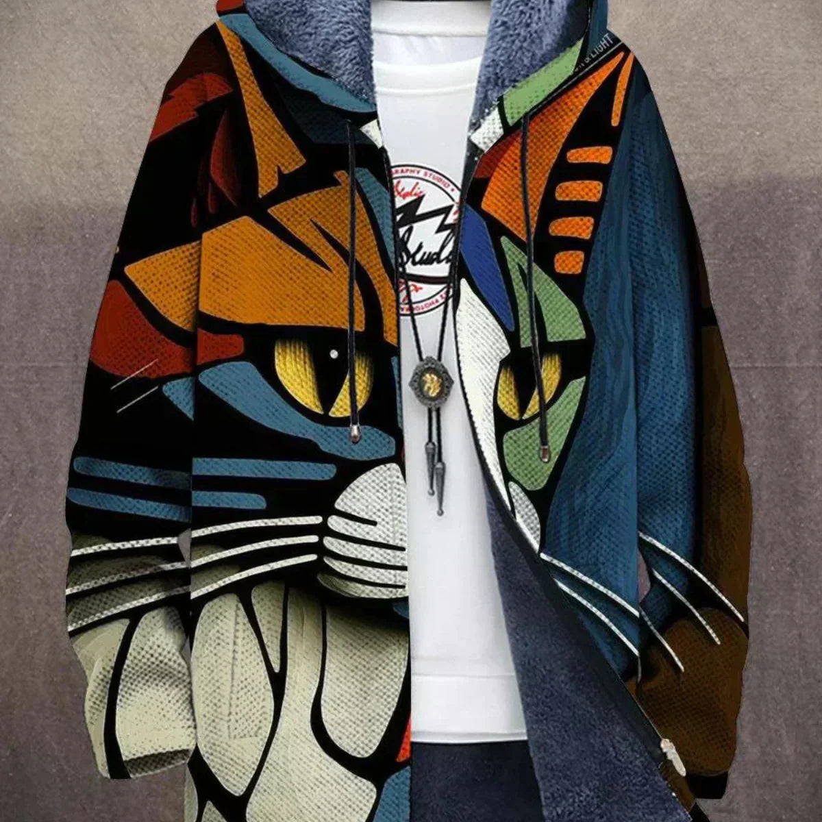 Micaela | Cardigan Lungo a Blocchi Astratti Turchese e Arancio