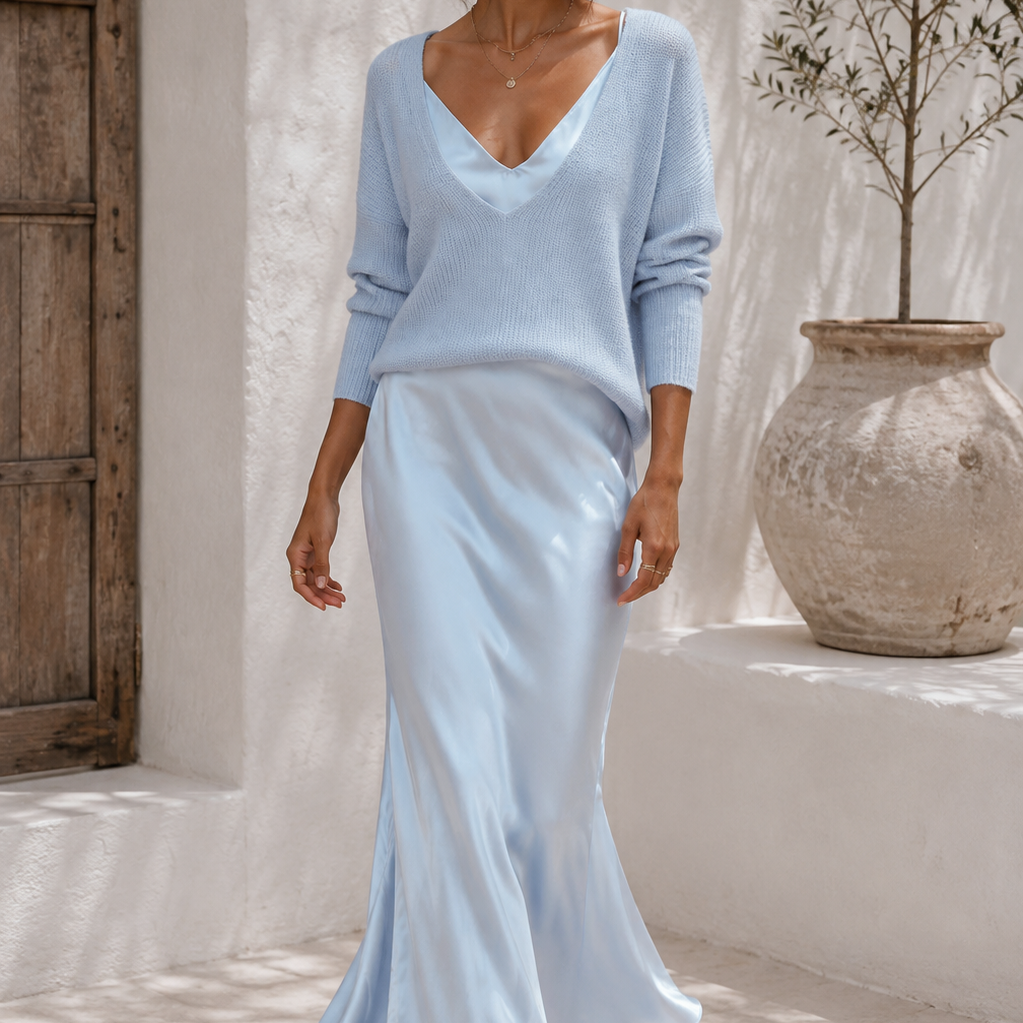 Lucrezia | Abito Bianco in Raso con Maglia Beige