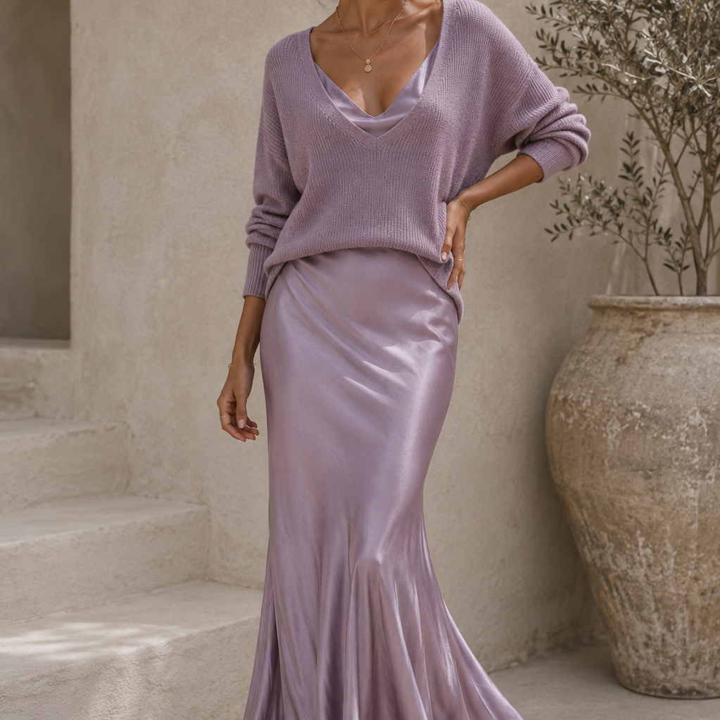 Lucrezia | Abito Bianco in Raso con Maglia Beige