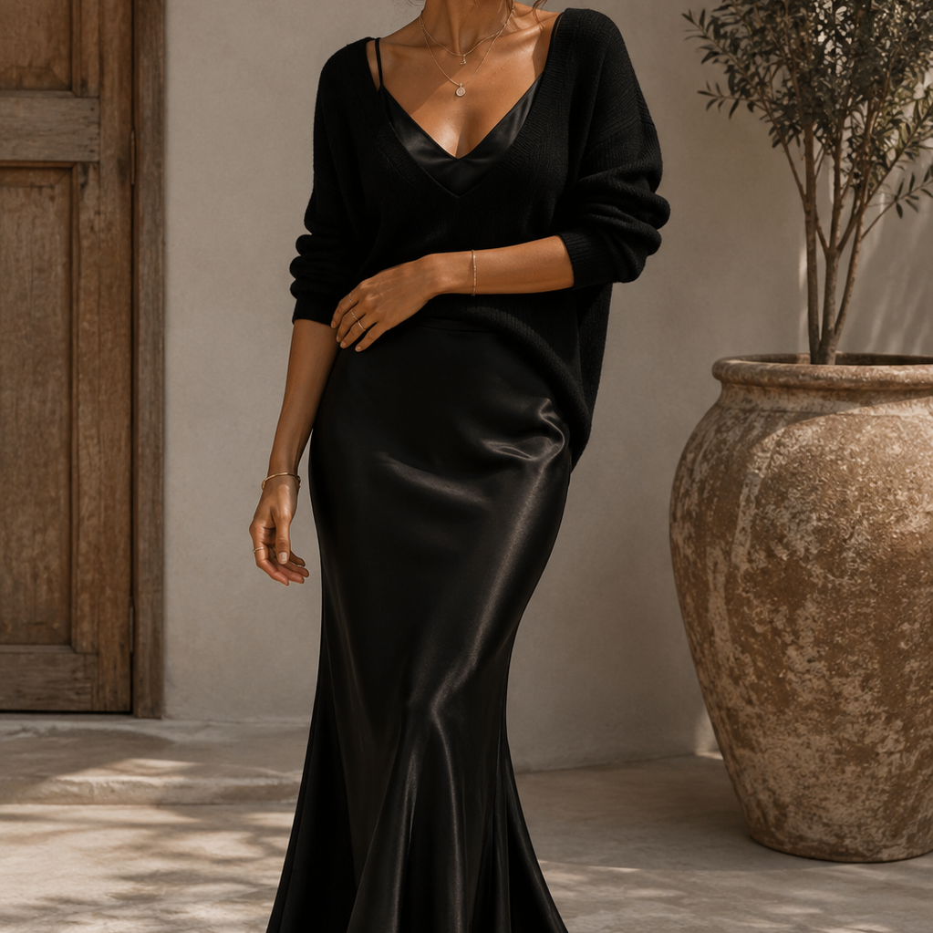 Lucrezia | Abito Bianco in Raso con Maglia Beige