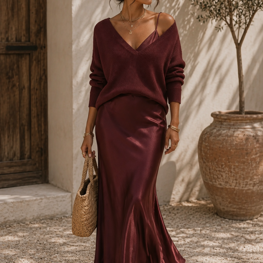 Lucrezia | Abito Bianco in Raso con Maglia Beige