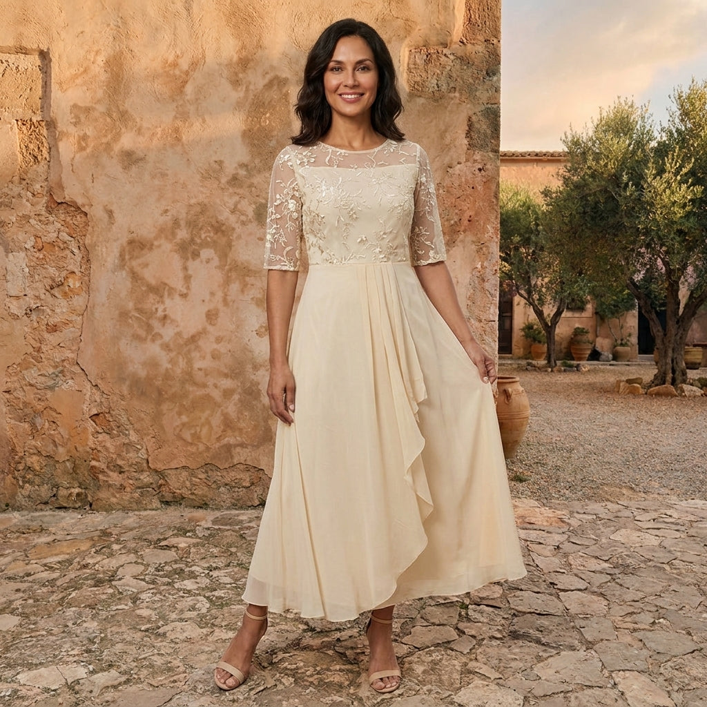 Graziella | Abito Blu Notte con Pizzo Ricamato