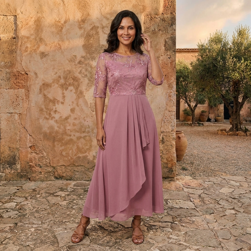 Graziella | Abito Blu Notte con Pizzo Ricamato
