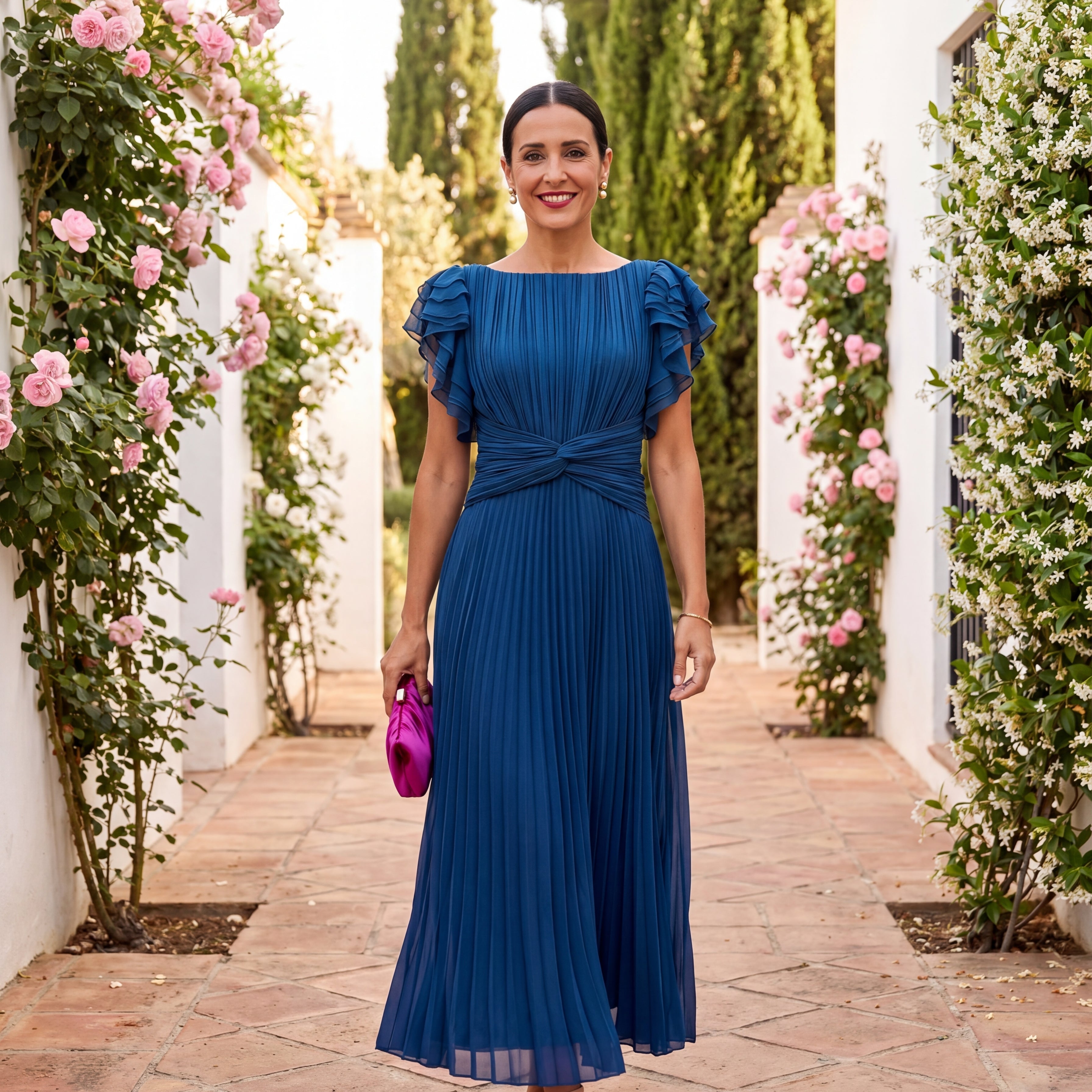 Micaela | Abito Lungo Fucsia Plissettato