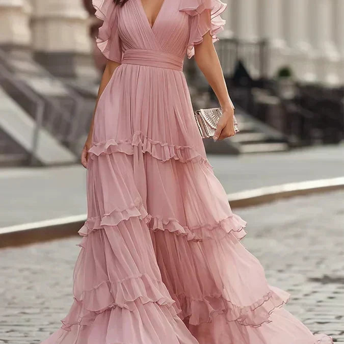 Donatella | Abito Lungo Rosa Cipria con Volant