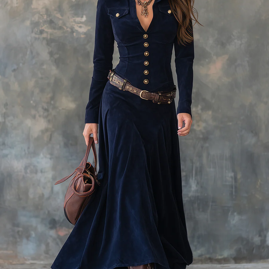 Pavla – Abito lungo elegante con bottoni e vita evidenziata