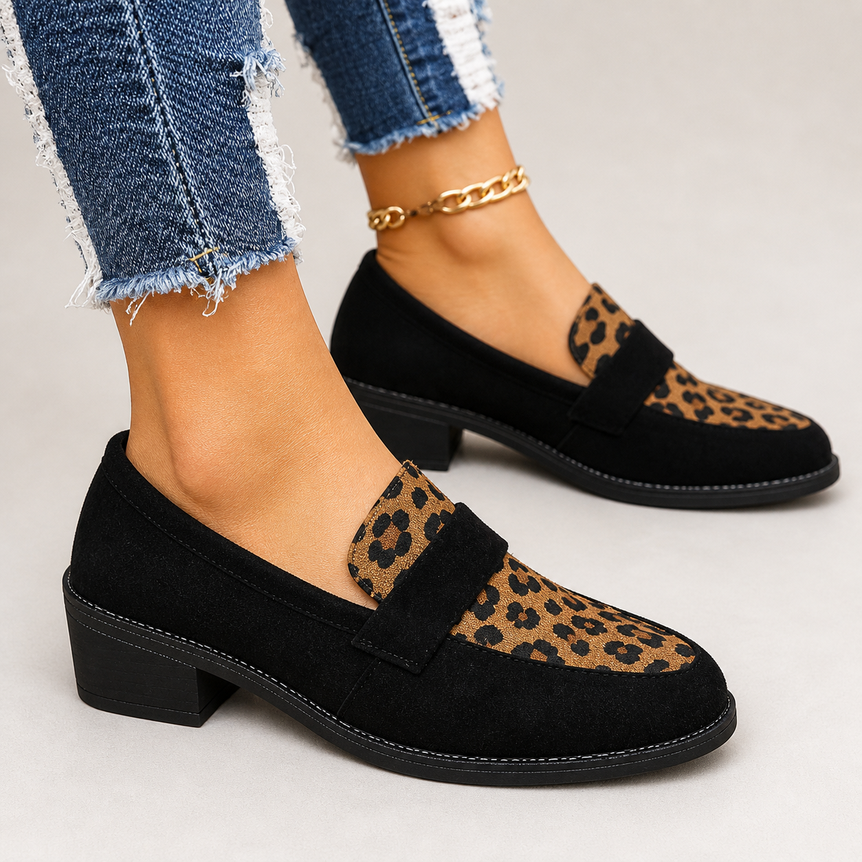 Bruna | Mocassini Cammello con Fascia Leopardata