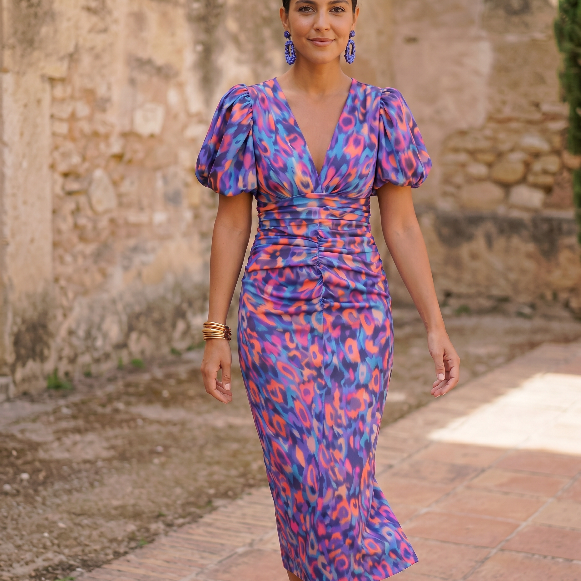 Tiziana | Abito Midi Rosso e Fucsia a Stampa